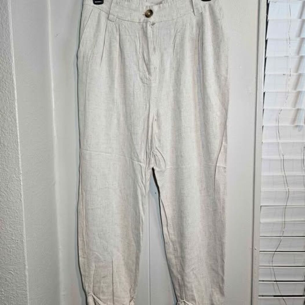 Beige Linen Blend Pleated Tapered Pants Black Tape